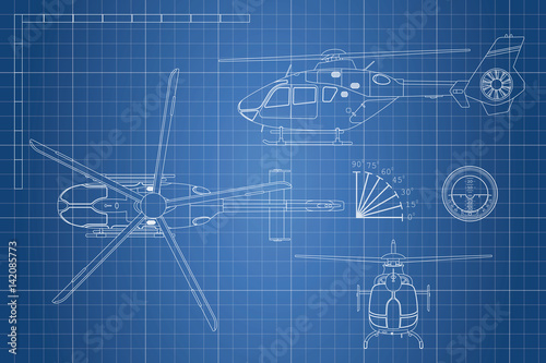 Engineering blueprint of helicopter. Helicopters view: top, side, front. Industrial drawing