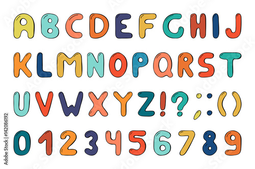 Colorful alphabet in doodle style. Memphis.