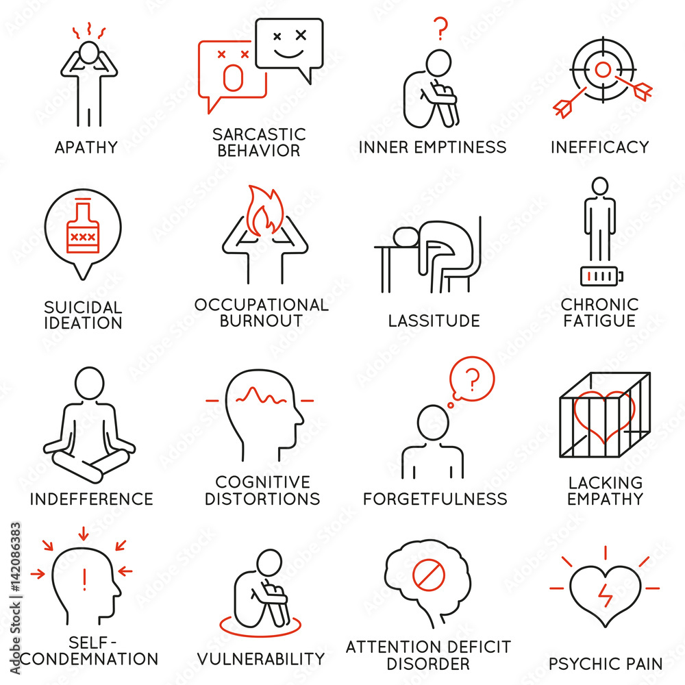 Vector set of 16 linear icons related to human behavior and mental conditions. Mono line pictograms and infographics design elements Vector set of 16 linear icons related to human behavior and mental conditions. Mono line pictograms and infographics design elements