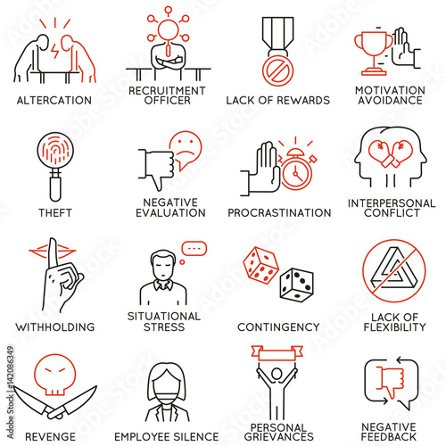 Vector set of 16 icons related to business ethics, organizational behavior in the workplace and workplace incivility. Mono line pictograms and infographics design elements - part 2 photo