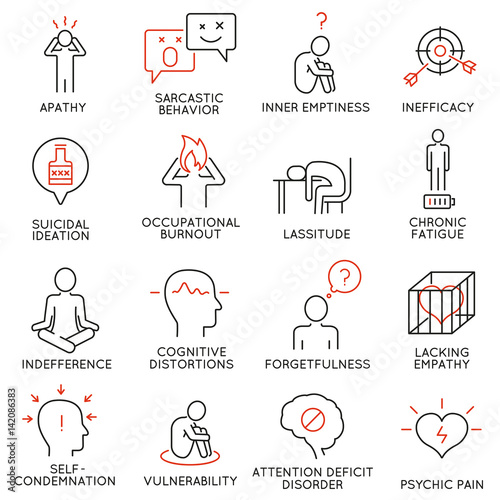 Vector set of 16 linear icons related to human behavior and mental conditions. Mono line pictograms and infographics design elements