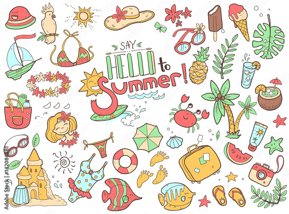 Vector cute doodle collection of summer. The sea, the ocean, the Vector cute doodle collection of summer. The sea, the ocean, the
