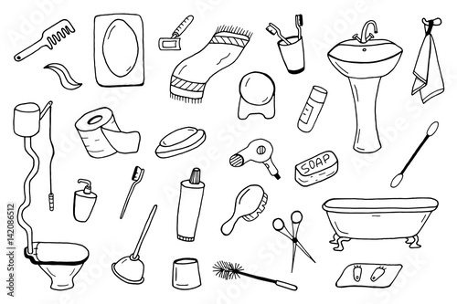 Bathroom accessories collection. Doodle style.
