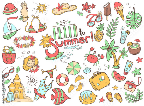 Vector cute doodle collection of summer. The sea, the ocean, the