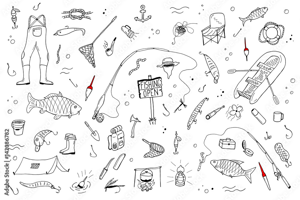 Hand drawn fishing set.Fishing stuff in doodle style. Stock Vector
