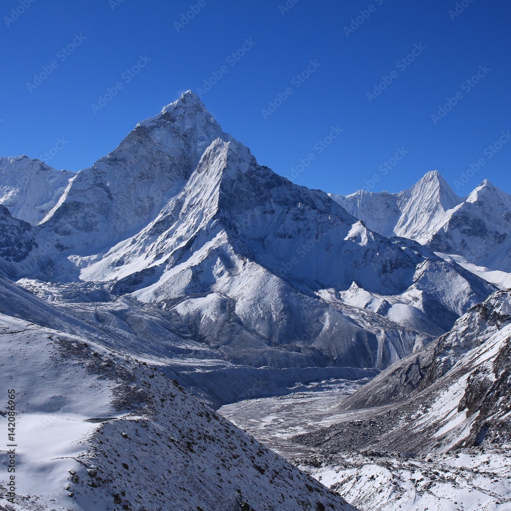 Majestic mount Ama Dablam on a morning after new snowfall. Mountain in the Mount Everest National Park, Nepal. Popular for climbing.