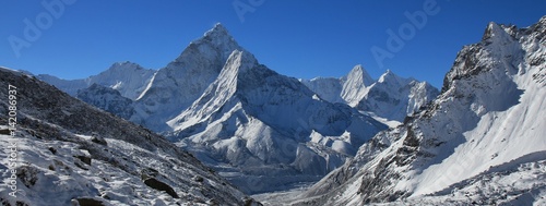 Mount Ama Dablam and other snow covered mountains in the mount Everest National Park.
