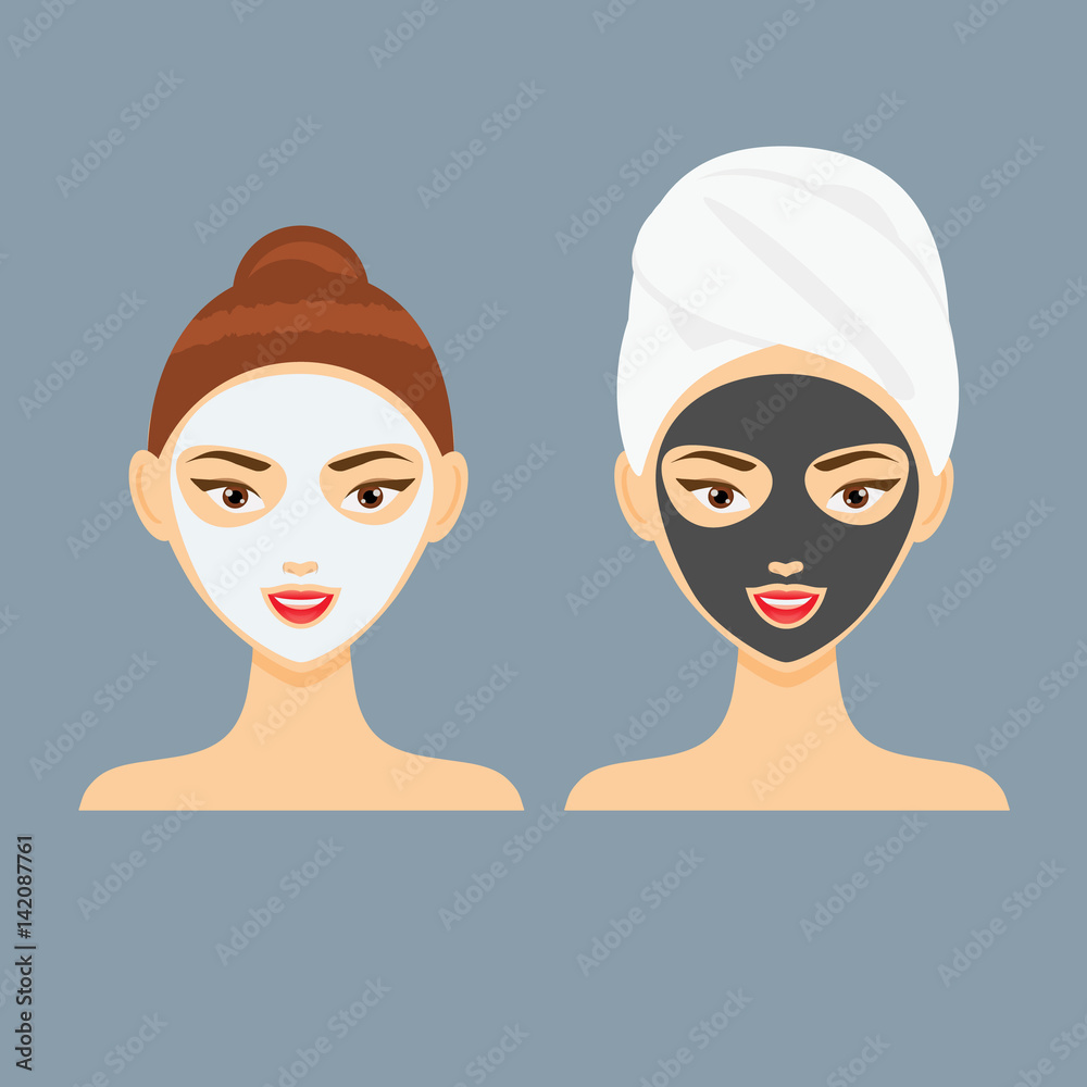 Young woman with cosmetic clay and charcoal facial mask vector illustration Young woman with cosmetic clay and charcoal facial mask vector illustration