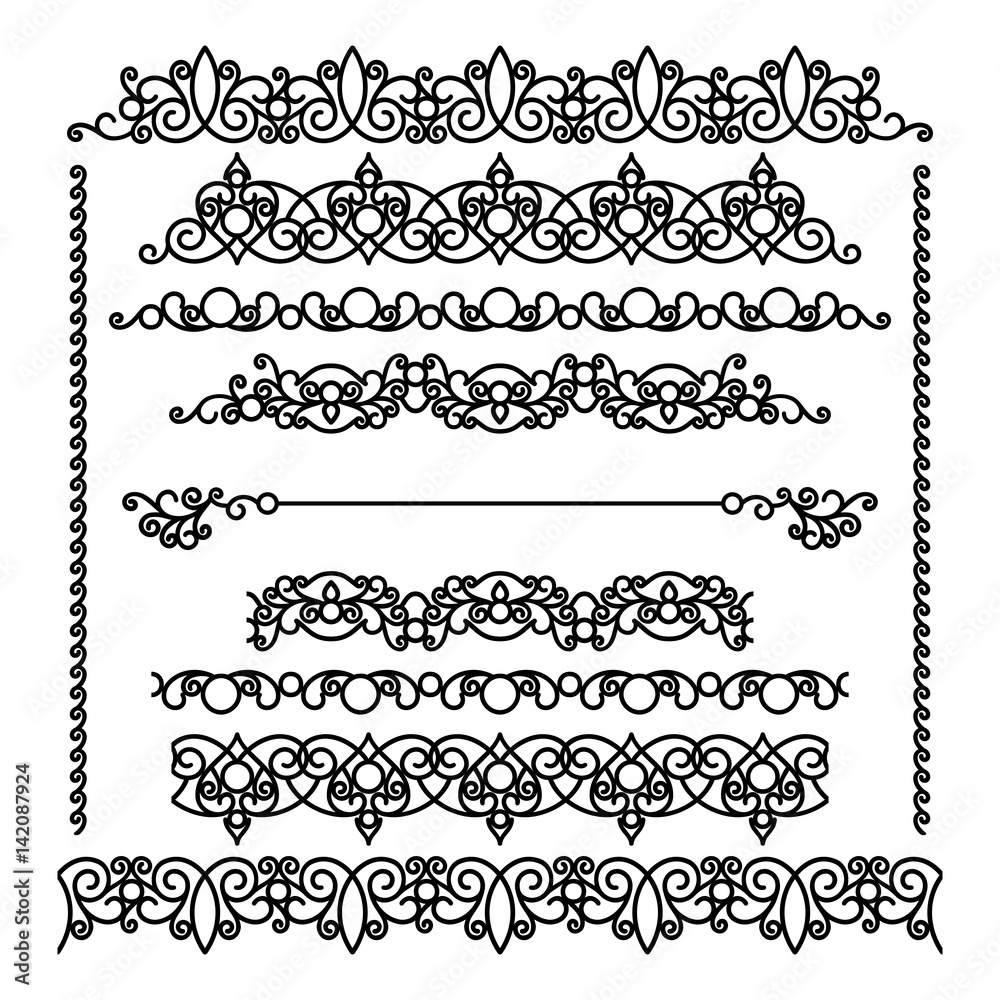 Set of borders and flourishes, scroll embellishment in retro style Set of borders and flourishes, scroll embellishment in retro style