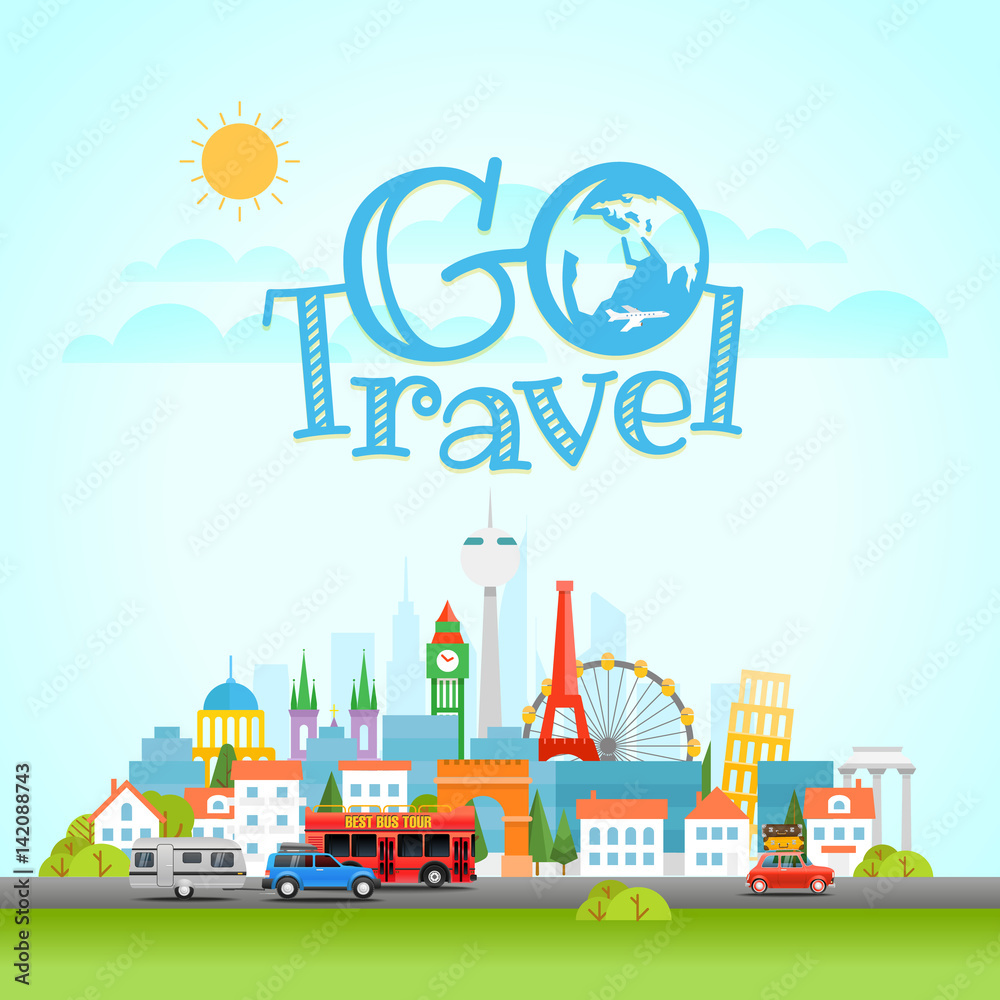 Modern Cityscape with different vehicle. Vector illustration. Go Travel concept