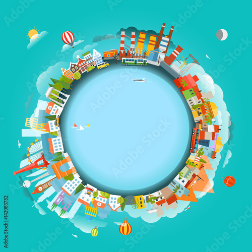 The Earth and different locations. Travel concept vector illustration. Copy-space