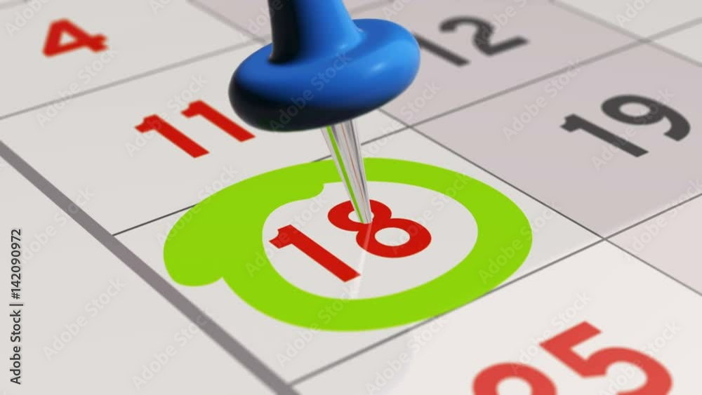 Pin on the date number 18. The eighteenth day of the month is marked with a blue thumbtack. 4K video animation. Pin on the date number 18. The eighteenth day of the month is marked with a blue thumbtack. 4K video animation.