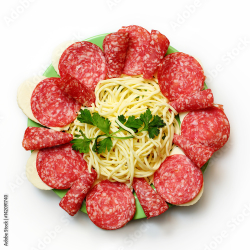 salami and cheese on a plate on white background