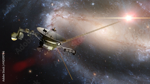 Fotografie, Obraz Voyager spacecraft in front of a galaxy and a bright nearby star in deep space
