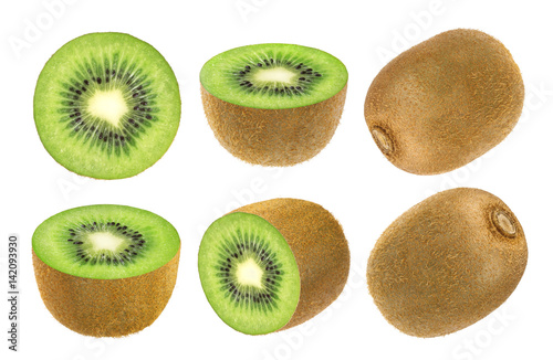Isolated kiwi fruit. Collection of whole and cut kiwi isolated on white background with clipping path.