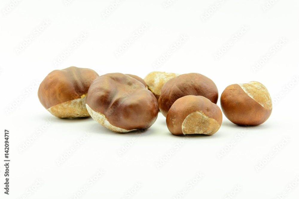 Closeup chestnuts isolated on white background. Fresh autumn chestnut. Sweet natural fruit the chestnut tree. Sign of autumn. Autumn decoration from chestnuts. Closeup chestnuts isolated on white background. Fresh autumn chestnut. Sweet natural fruit the chestnut tree. Sign of autumn. Autumn decoration from chestnuts.