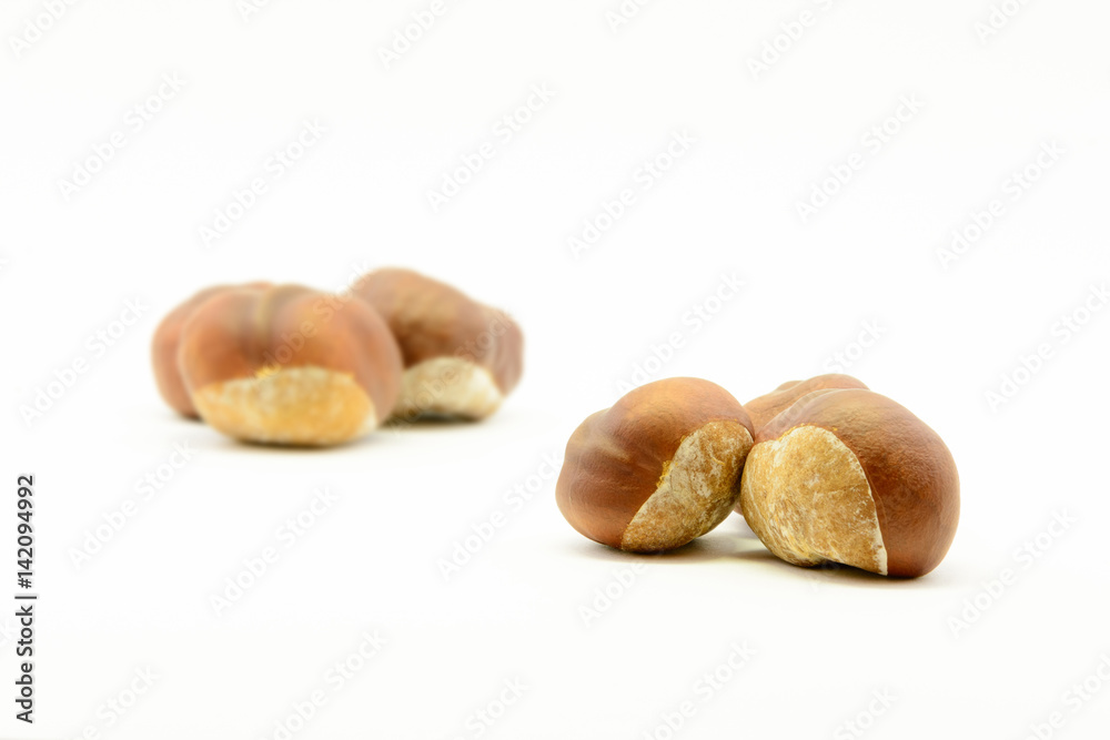 Closeup chestnuts isolated on white background. Fresh autumn chestnut. Sweet natural fruit the chestnut tree. Sign of autumn. Autumn decoration from chestnuts. Closeup chestnuts isolated on white background. Fresh autumn chestnut. Sweet natural fruit the chestnut tree. Sign of autumn. Autumn decoration from chestnuts.