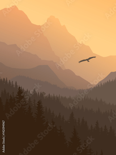 Vertical illustration of foggy sunset forest hills.