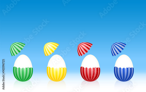 Easter eggs - hard boiled egg white - cracked half peeled shell - striped pattern - four different colors. Three-dimensional vector illustration on gradient blue background.