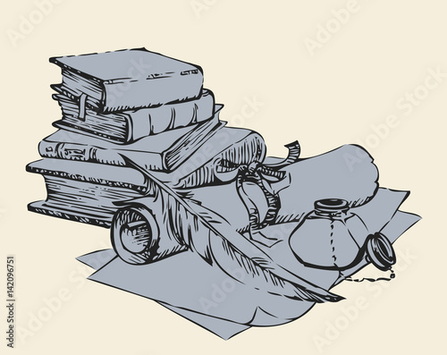 A still-life from an inkwell with a feather and a paper against old books