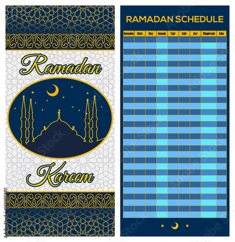 Ramadan Calendar Schedule - Fasting, Iftar and Prayer time table Guide. Front and back side. Translation: Holy Ramadan. Morning, Sunrise, Noon, Afternoon, Evening, Night
