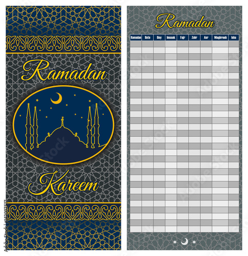 Ramadan Calendar Schedule - Fasting, Iftar and Prayer time table Guide. Front and back side. Translation: Holy Ramadan. Morning, Sunrise, Noon, Afternoon, Evening, Night