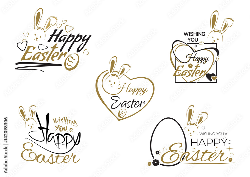 Obraz premium Happy Easter. Set greeting inscription with the Easter bunny and Easter eggs. Easter art, hand lettering, text. Vector illustration