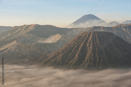 Bromo, Batok and Semeru volcanoes at sunrise, Java island, Tengger Semeru national park, East Java, Indonesia