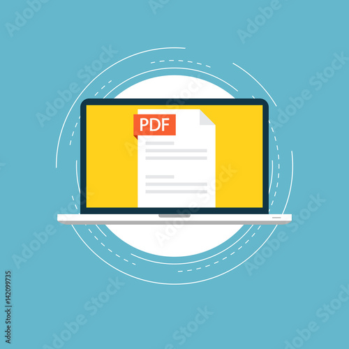 PDF file on laptop screen flat vector illustration design. View, read, download PDF file on laptop and mobile devices. Icon design for web banners and apps