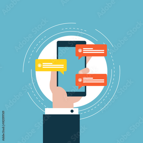 Message texting flat vector illustration design. Chat conversation, dialog windows, online promotions and advertisement. Design for web banners and apps photo