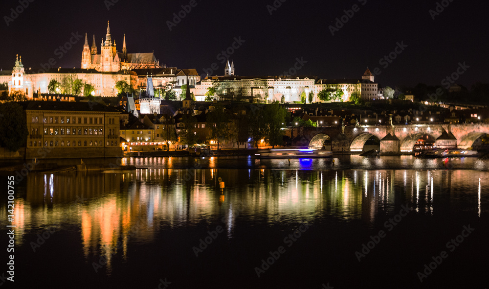 Prague Castle and river Vltava, night view, Czech republic