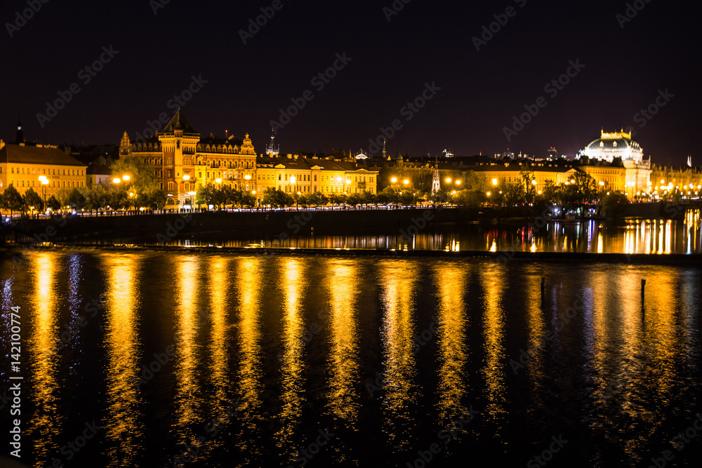 Prague architecture and Vltava river night view, Czech Republic. Prague architecture and Vltava river night view, Czech Republic.