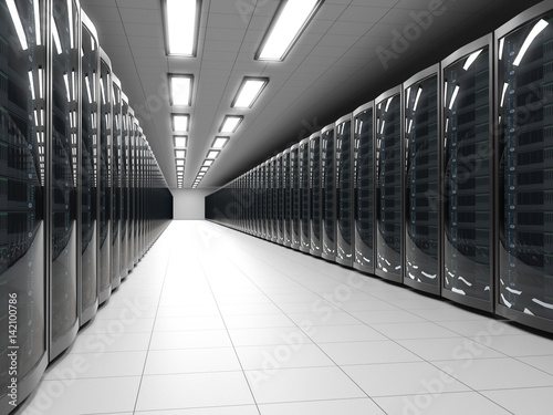 Modern data center with server racks technology background.
