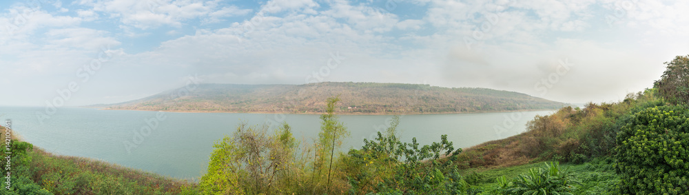 Panorama of Mountains reservoir lake at Lamtakhong Dam Nakhon Ratchasima Province, Thailand