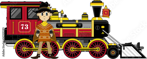 Cartoon Wild West Cowboy and Train