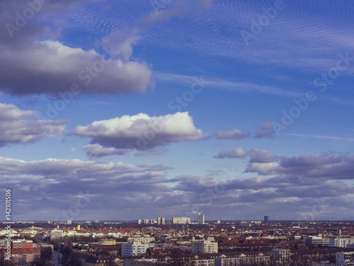 View of Munich Skyline with clouds from Olympia Park (Munich, Bayern, Germany)