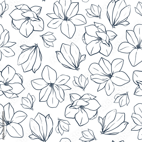 Graphic magnolia flowers and buds. Vector spring seamless pattern. Coloring book page design for adults and kids.