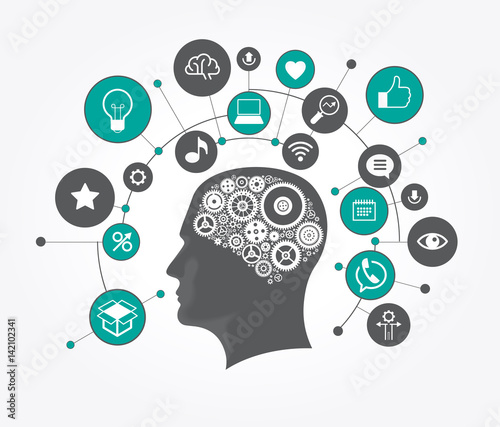 Silhouette of a man's head with gears in the shape of a brain surrounded by icons