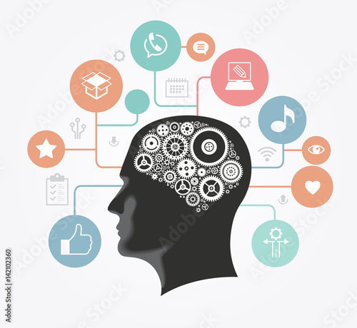 Silhouette of a man's head with gears in the shape of a brain surrounded by icons