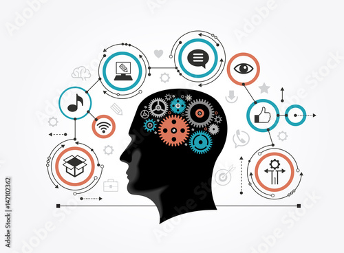 Silhouette of a man's head with gears in the shape of a brain surrounded by icons