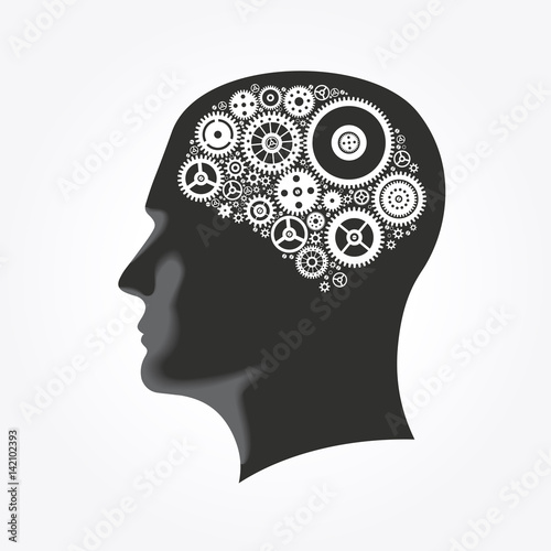 Silhouette of a man's head with gears in the shape of the brain