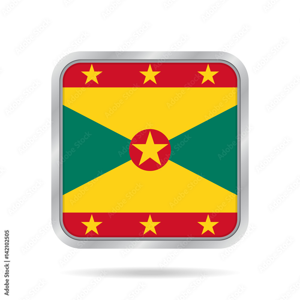 flag of Grenada, shiny metallic gray square button flag of Grenada, shiny metallic gray square button