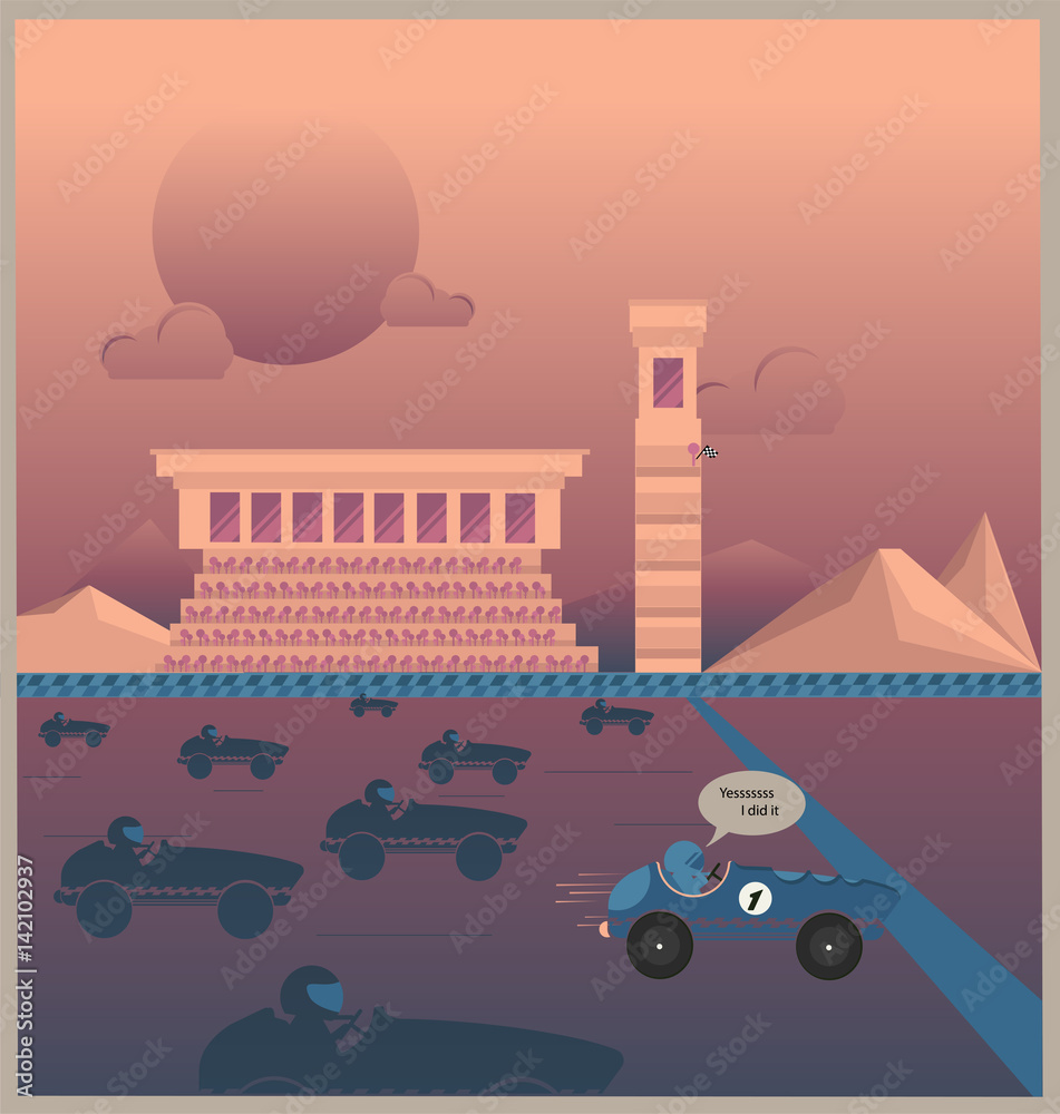 competencia de carros aproximandose a la linea de llegada