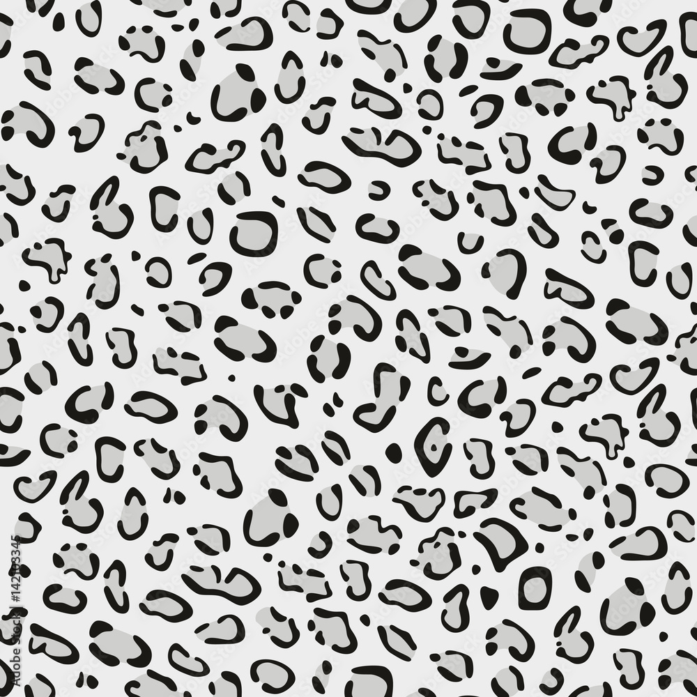 Seamless pattern. Imitation print of skin of snow leopard irbis. Black and grey spots on grey background.