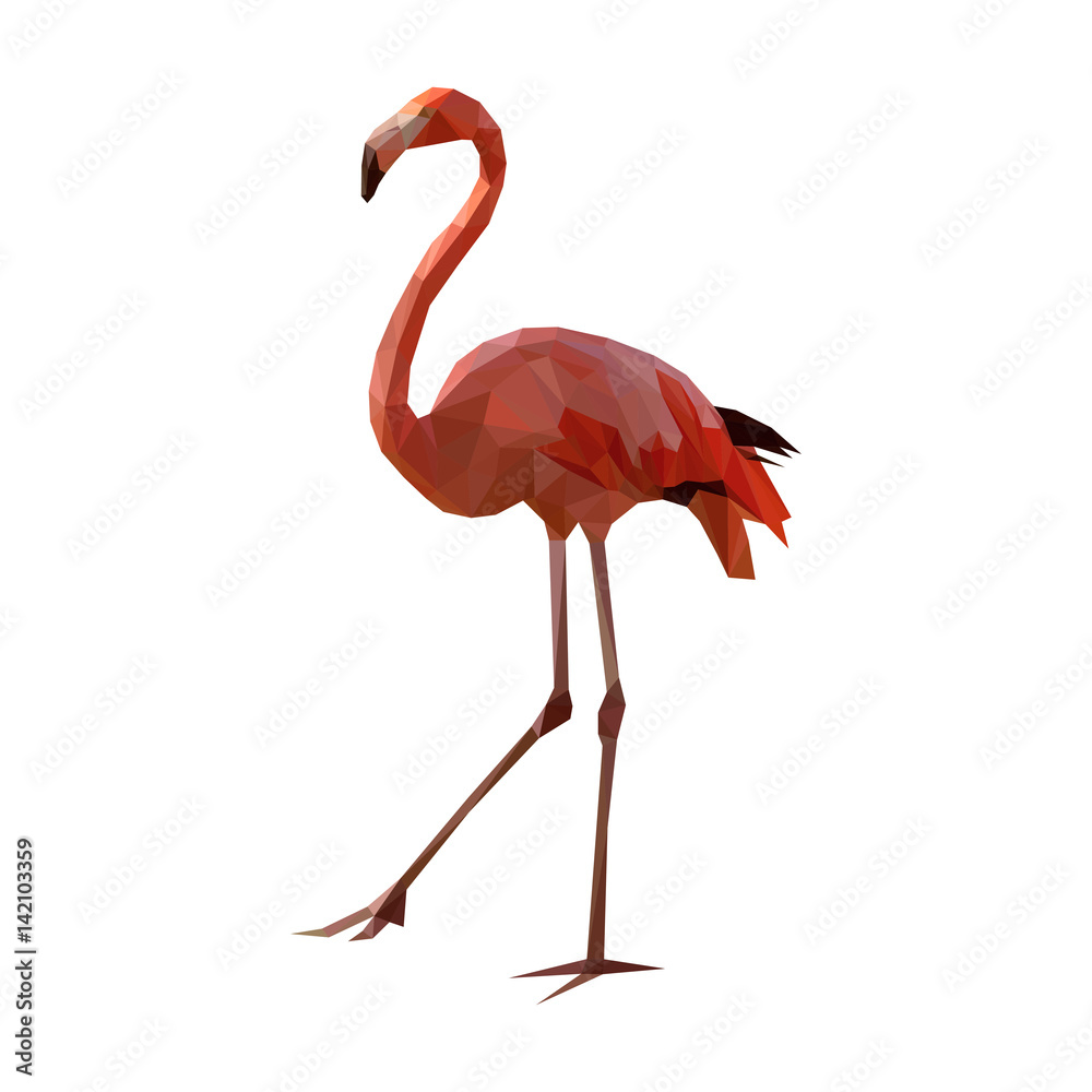 Fototapeta Isolated pink flamingo composed of triangles on white background.