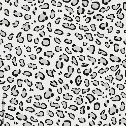 Seamless pattern. Imitation print of skin of snow leopard irbis. Black and grey spots on grey background.