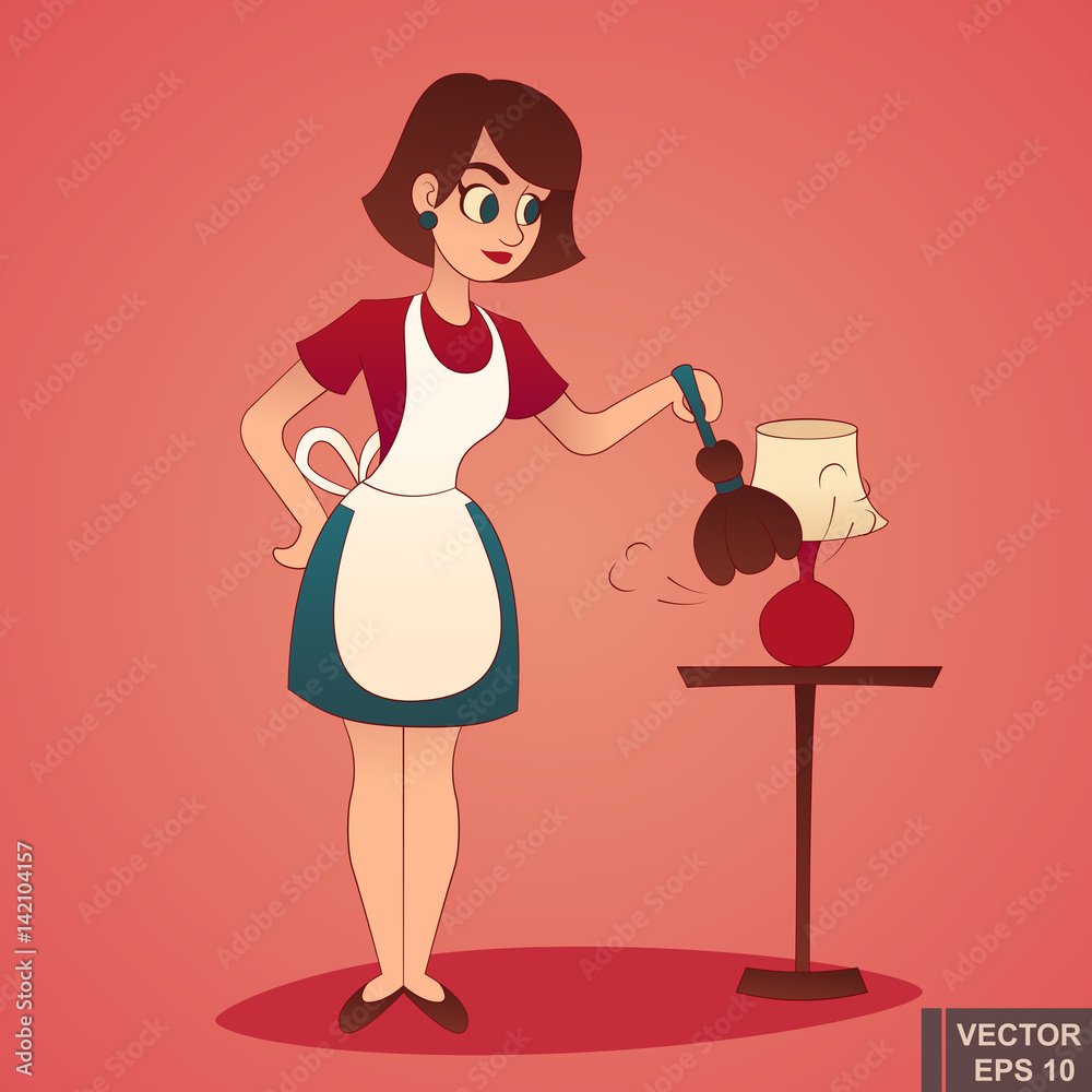 Cartoon cute girl with arpor and duster. Mother Ready for cleaning Sweet housewife Cleaner service Cartoon cute girl with arpor and duster. Mother Ready for cleaning Sweet housewife Cleaner service