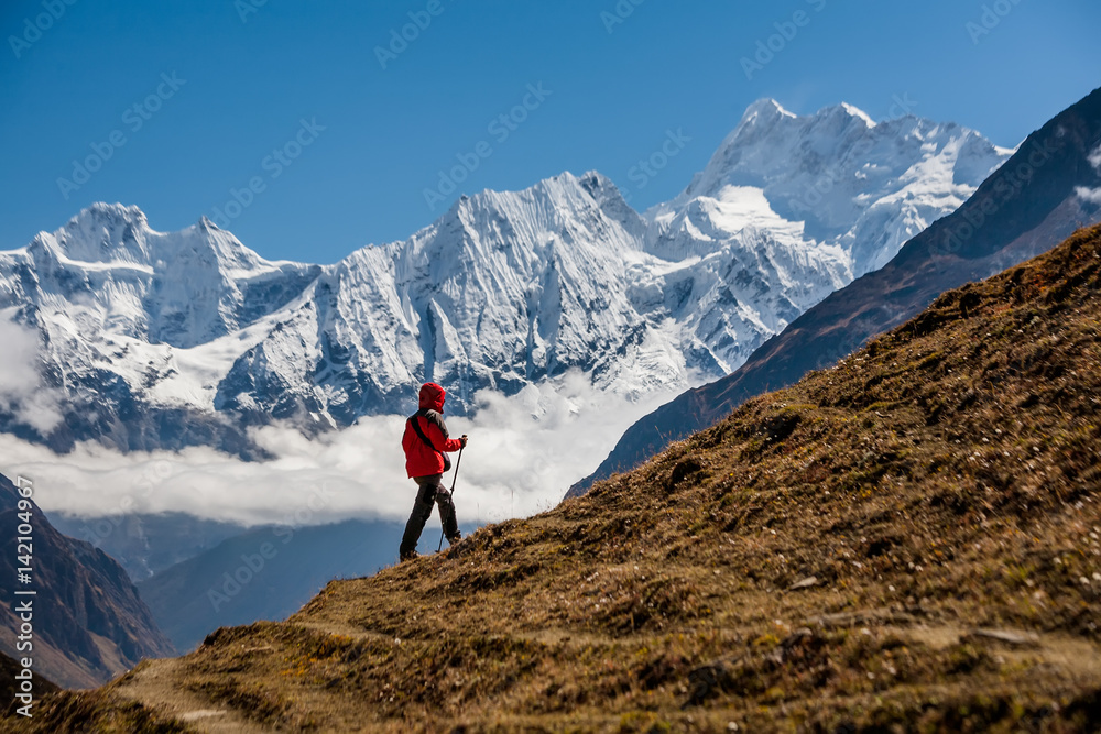 Trekker on Manaslu circuit trek in Nepal