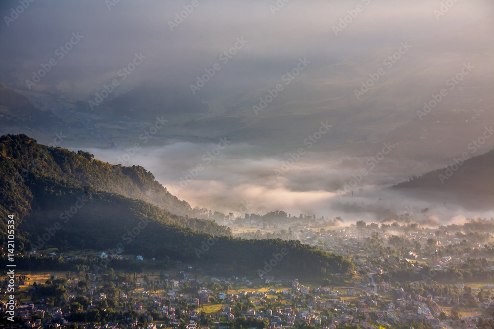 View to nearest villages in foot of Sarangkot view point near Pokhara in Nepal