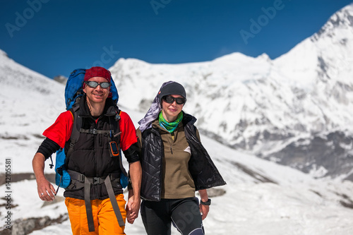 Trekkers in Khumbu valley on a way to Everest Base camp